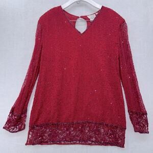 Vintage Women’s Tan-Chho 100% silk Beaded Long Sheer Sleeve Blouse Red Small